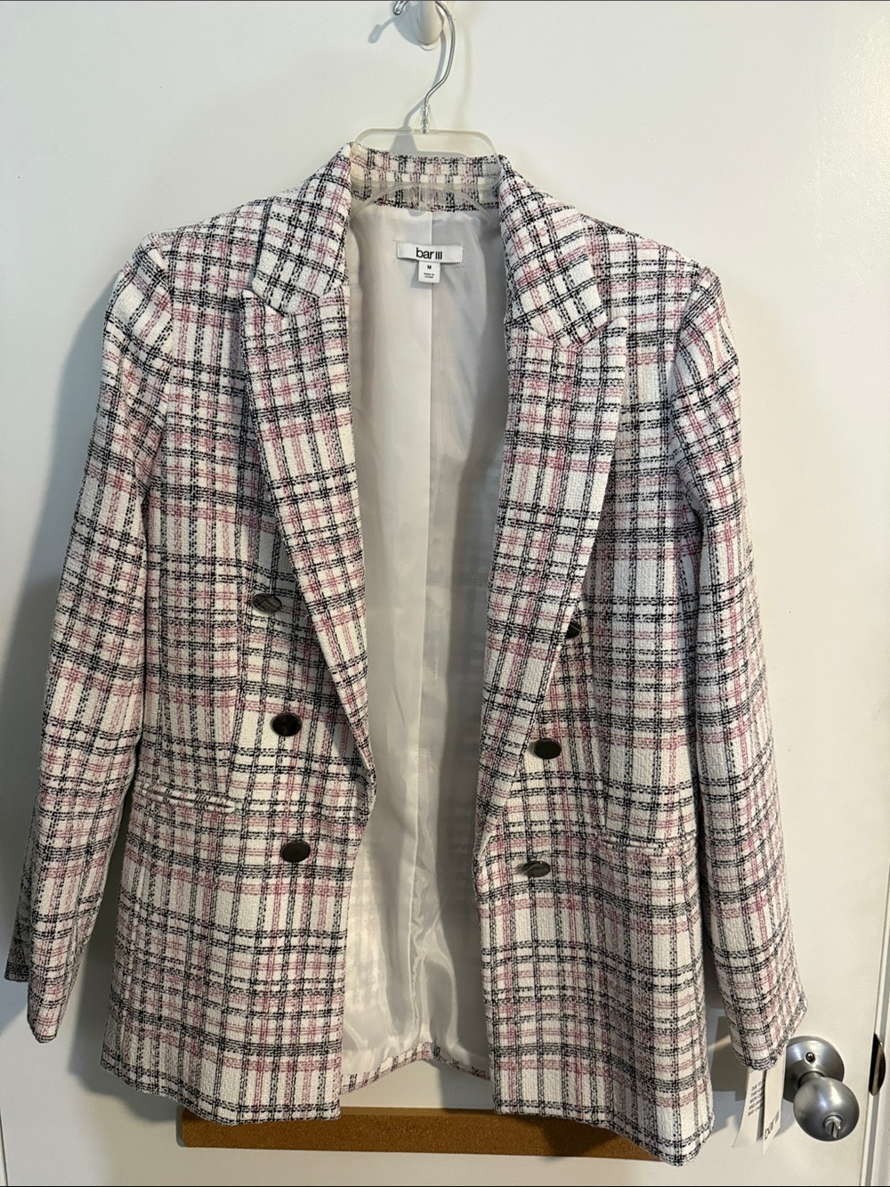 Bar III Pink and White Plaid Double-Breasted Blazer